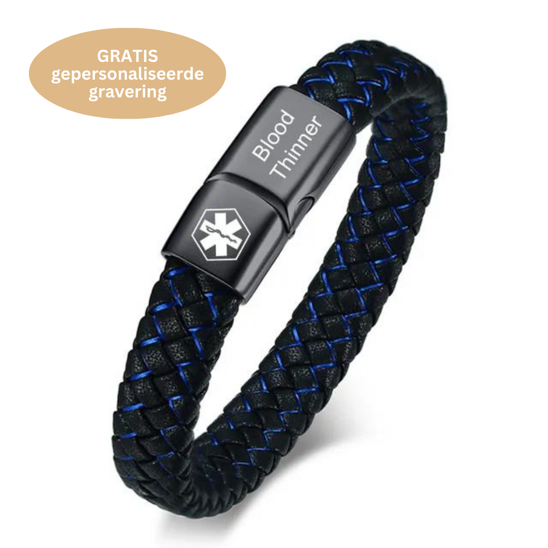Mannen AlertBand veiligheidsarmband van RVS met gepersonaliseerde medische gravering. Hypoallergeen ID-sieraad.