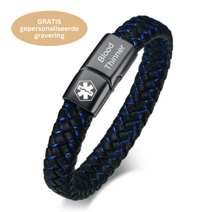 Mannen AlertBand veiligheidsarmband van RVS met gepersonaliseerde medische gravering. Hypoallergeen ID-sieraad.