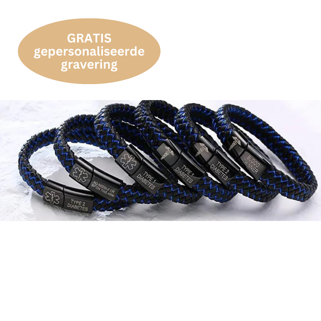 Stijlvolle zilverkleurige RVS AlertBand veiligheidsarmband voor mannen, comfortabel en hypoallergeen.