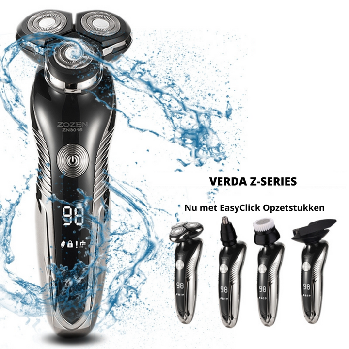 Detailopname van het waterdichte, oplaadbare scheerapparaat voor mannen; perfect voor nat of droog elektrisch scheren.