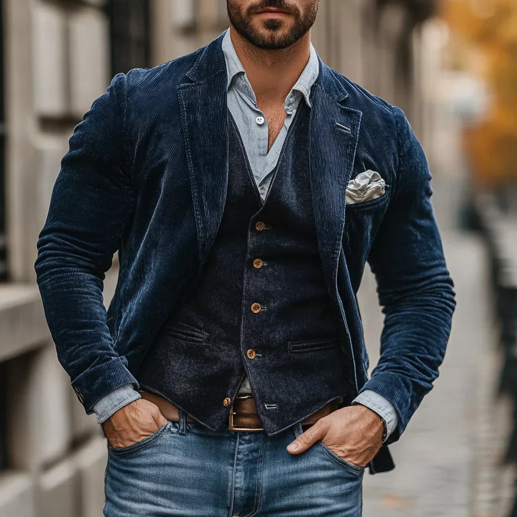 Mannen retro jasje en gilet set Victor. Stijlvolle tweedelige herenset voor een chique casual outfit.