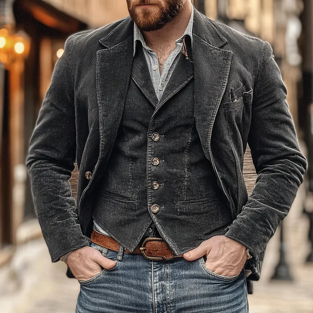Slim fit heren retro jasje met bijpassend gilet. Veelzijdige set voor zowel casual als geklede gelegenheden.