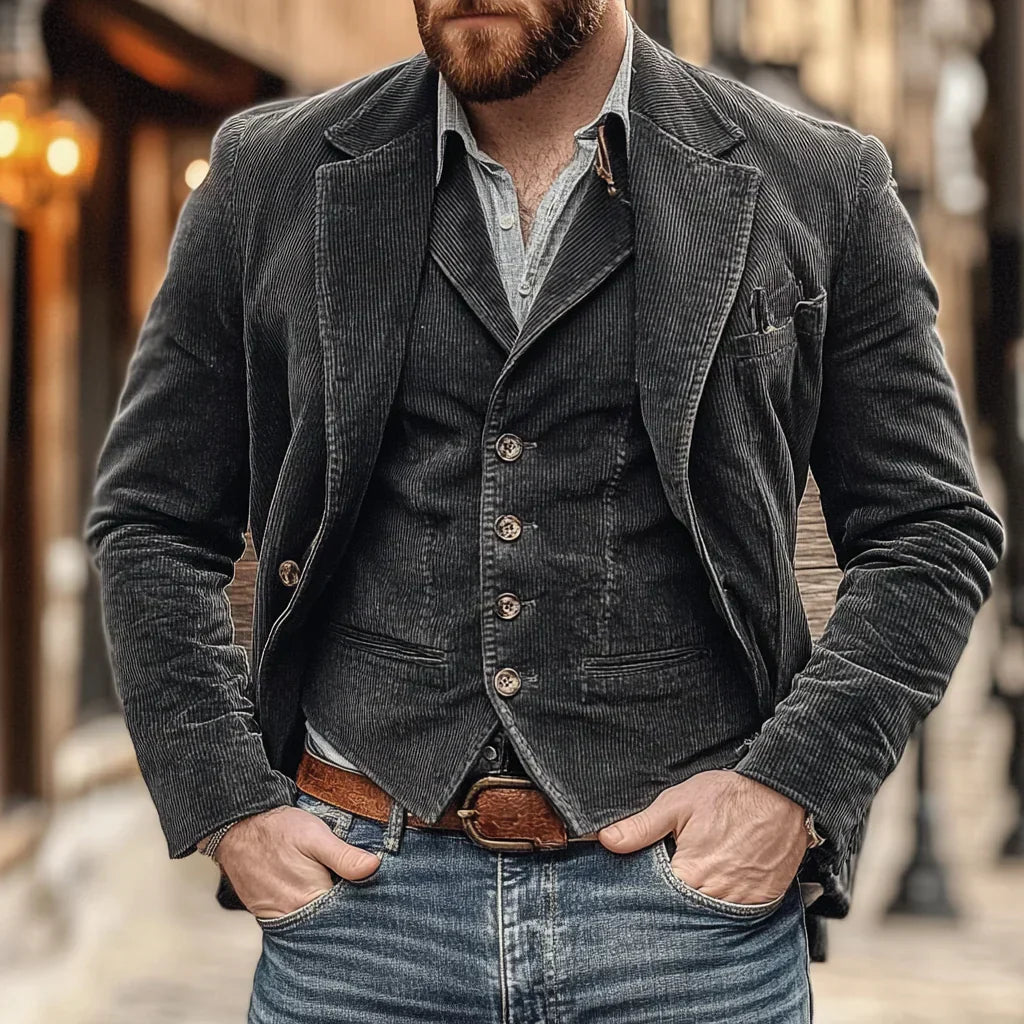 Slim fit heren retro jasje met bijpassend gilet. Veelzijdige set voor zowel casual als geklede gelegenheden.