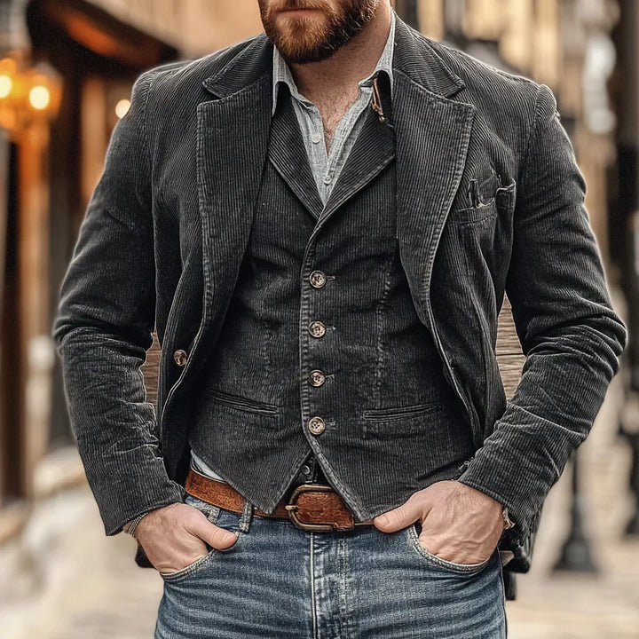 Slim fit heren retro jasje met bijpassend gilet. Veelzijdige set voor zowel casual als geklede gelegenheden.