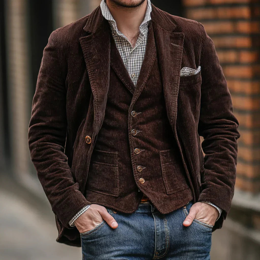 Complete heren retro kleding set: stijlvol jasje en gilet. Ideaal voor een trendy, veelzijdige look.