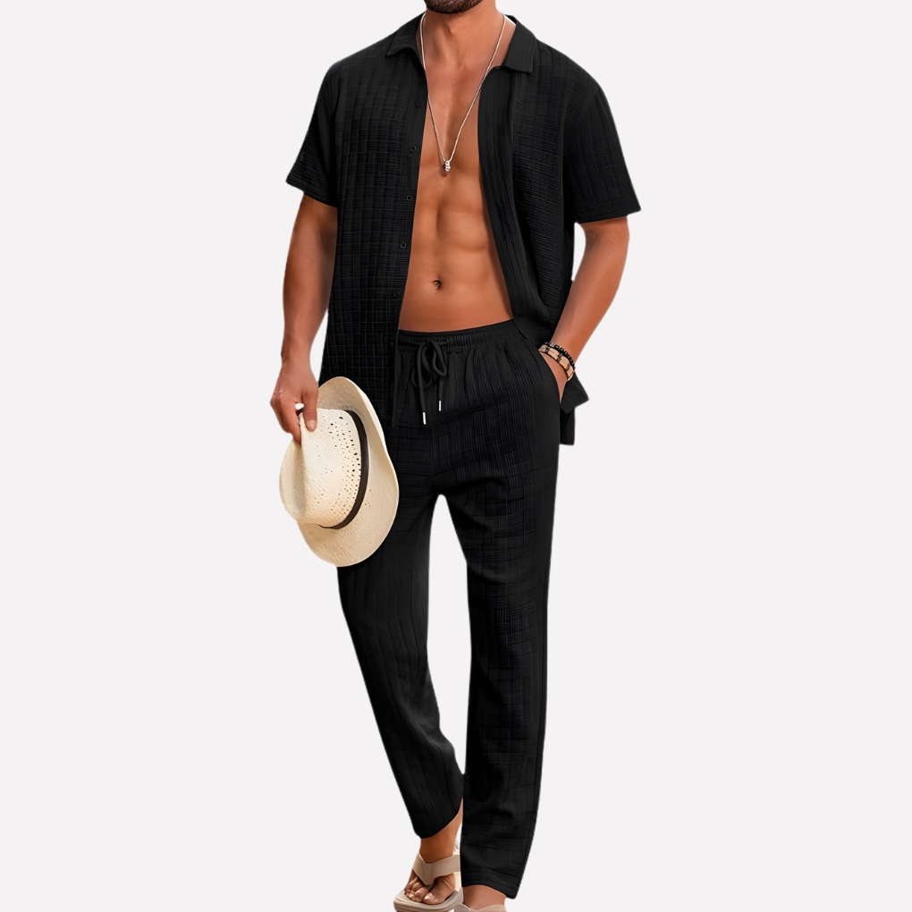 Stijlvolle heren strandkleding: tweedelige set (shirt & short) voor ultiem zomercomfort en casual look.