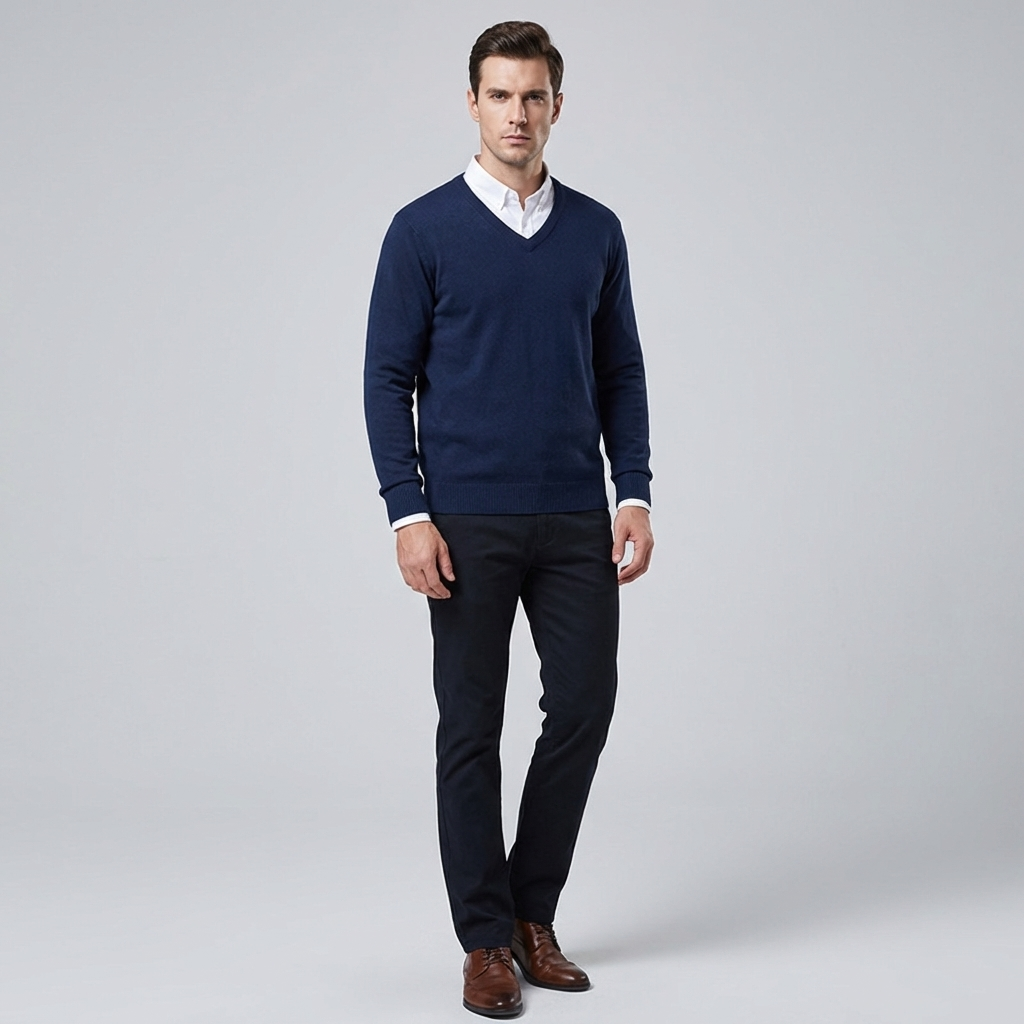Mannen V-hals gebreide trui, stijlvol effen polyester, ideaal voor casual en smart-casual herfstmode.