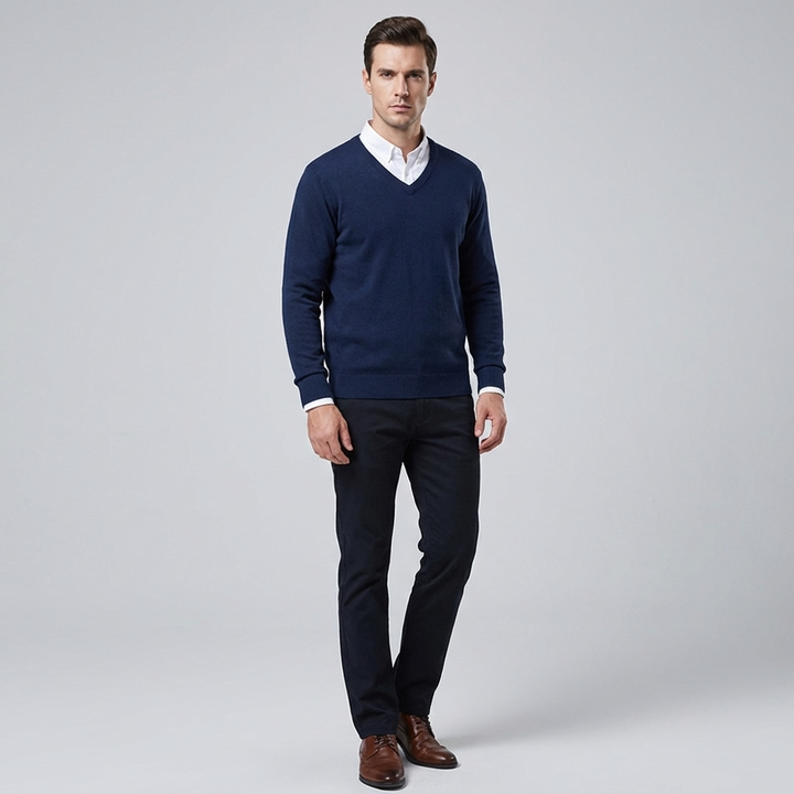 Mannen V-hals gebreide trui, stijlvol effen polyester, ideaal voor casual en smart-casual herfstmode.