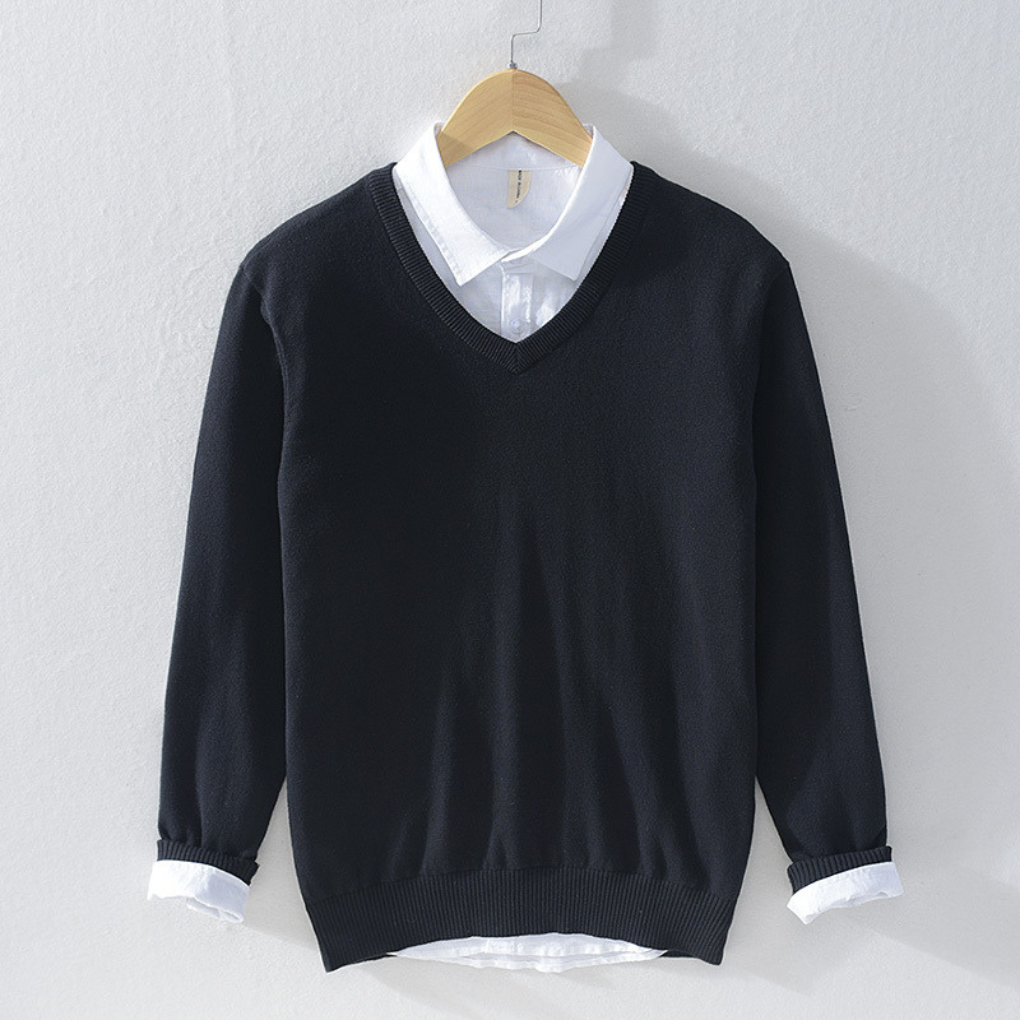 Heren V-hals gebreide trui, effen design, perfect voor comfortabele herfst- en wintermode.