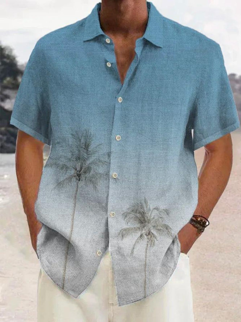 Comfortabel heren zomershirt met relaxed fit en trendy kokosboomprint, perfect voor zomerse dagen en vrije tijd.