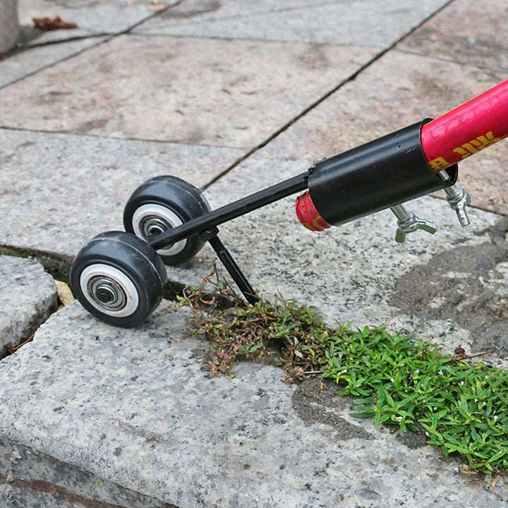 Overzicht van de onkruidwieder op een stenen terras