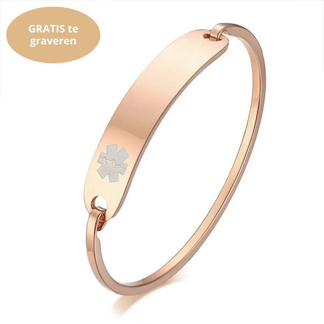 Stijlvolle roestvrij stalen medische ID armband. Graveerbaar voor cruciale info bij noodsituaties. Hypoallergeen.