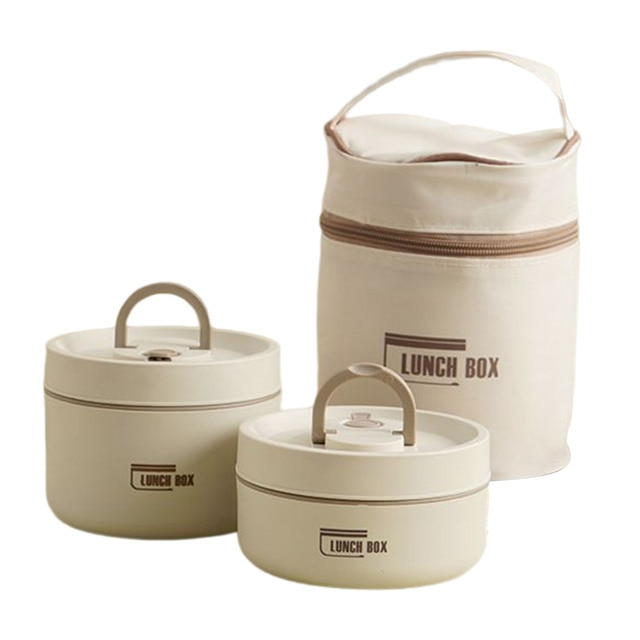 RVS lunchbox met draagtas, geïsoleerd en meerlagig, voor warme maaltijden onderweg.
