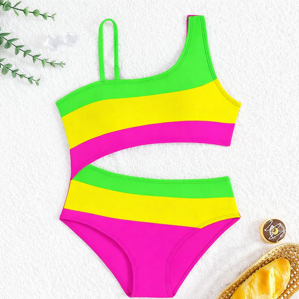 Comfortabel en rekbaar meisjes badpak, asymmetrische kleurblok zwemkleding voor tienermeisjes. Zomerklaar.