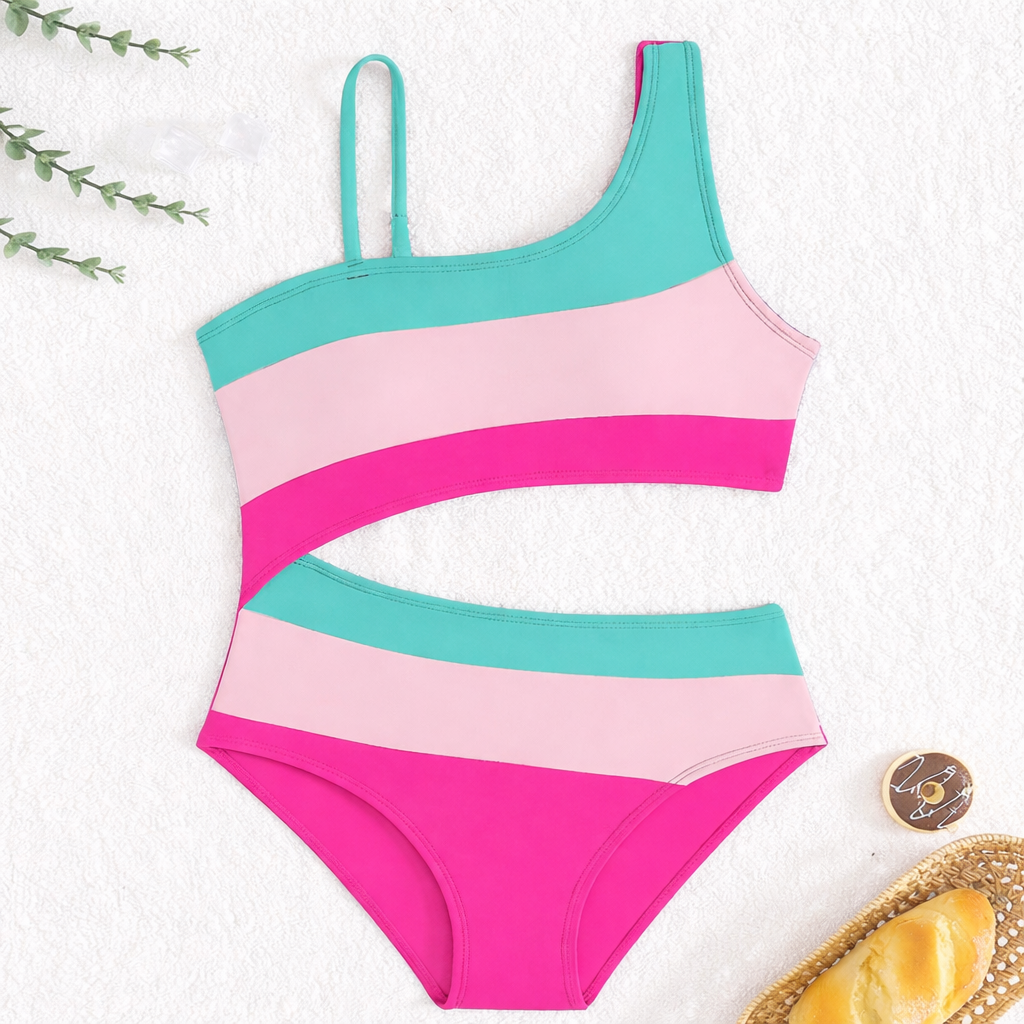 Zomers asymmetrisch meisjes badpak met kleurblok, stijlvolle zwemkleding voor vakantie en strandplezier.