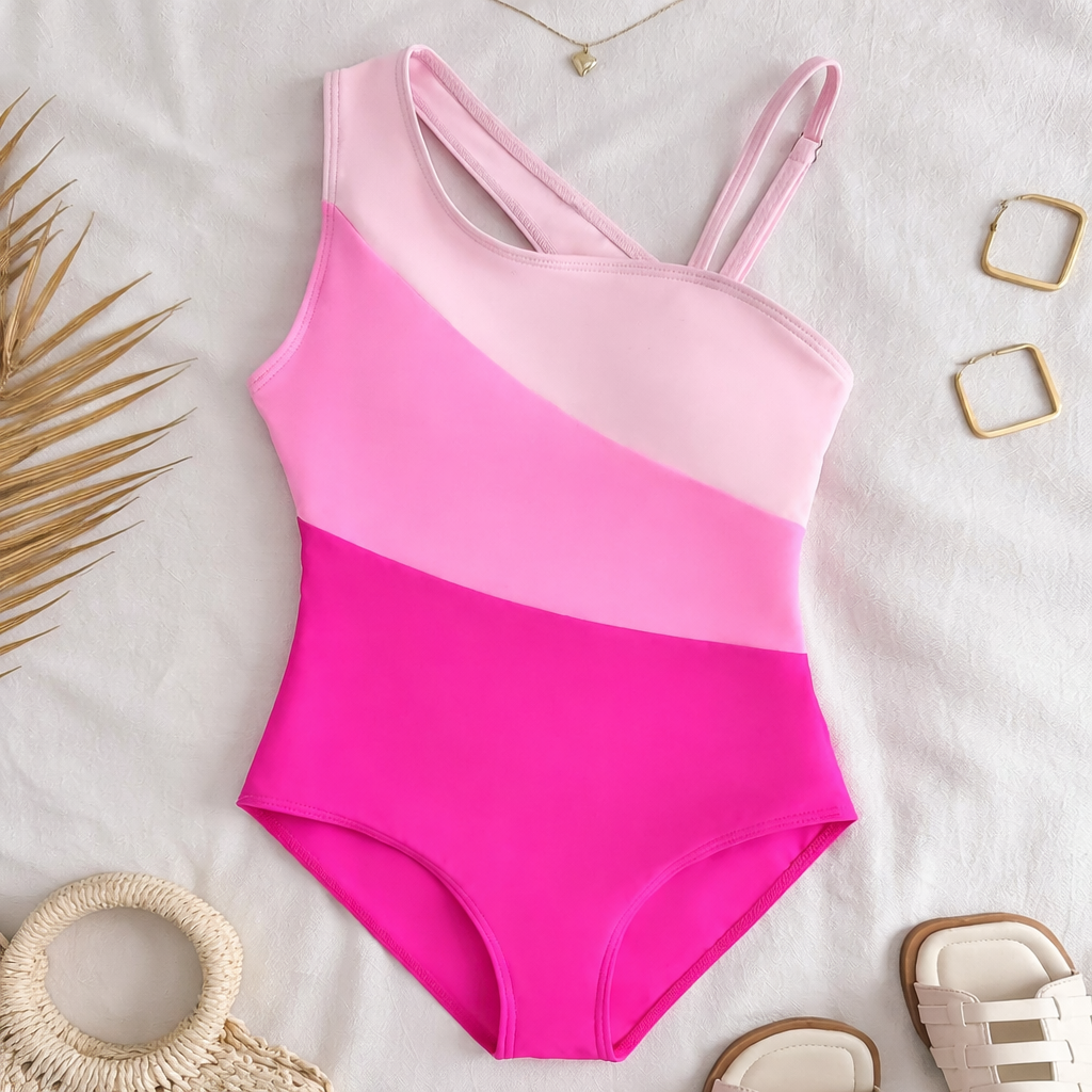 Meisjes zwemkleding: asymmetrisch badpak met kleurblok, klaar voor zwemplezier in zwembad, strand of zee.