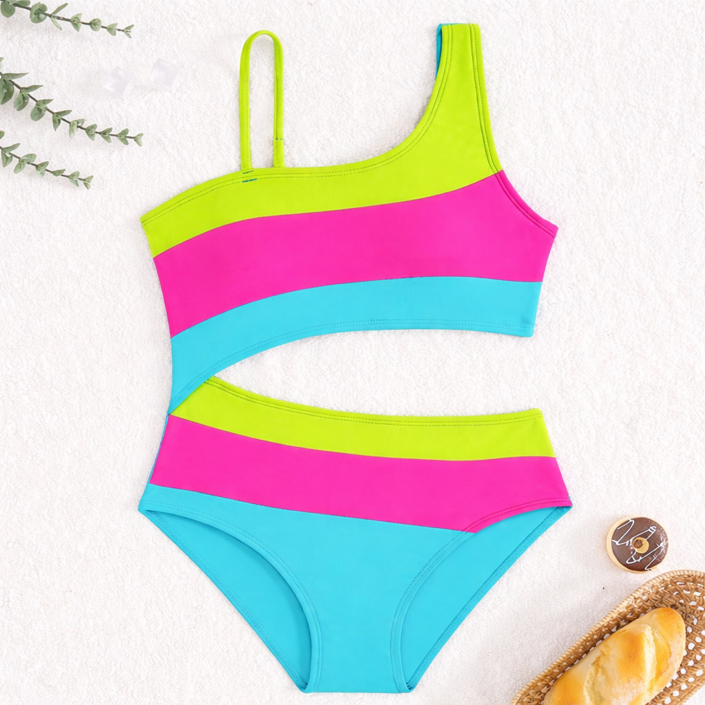 Stijlvol asymmetrisch badpak voor tienermeisjes, trendy kleurblok design met taille uitholling voor de zomer.