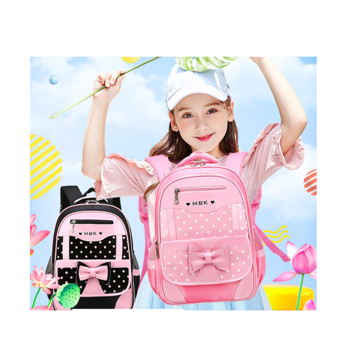 Meisjes schooltas Shelly met roze/zwarte stippenprint, comfortabel en duurzaam voor schoolbenodigdheden.