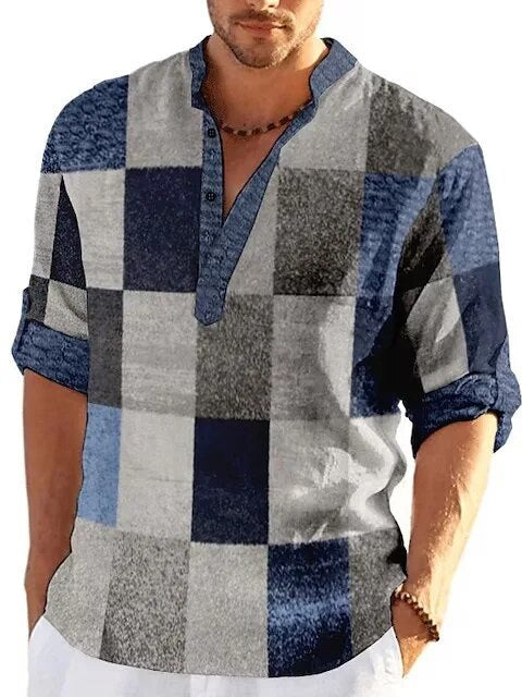 Blauw heren poloshirt met grijze en witte patchwork 3D-print, ideaal voor een frisse en moderne uitstraling.