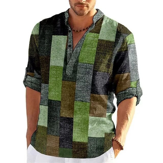 Heren poloshirt met groene, zwarte en grijze patchwork 3D-print, perfect voor een casual, trendy look.