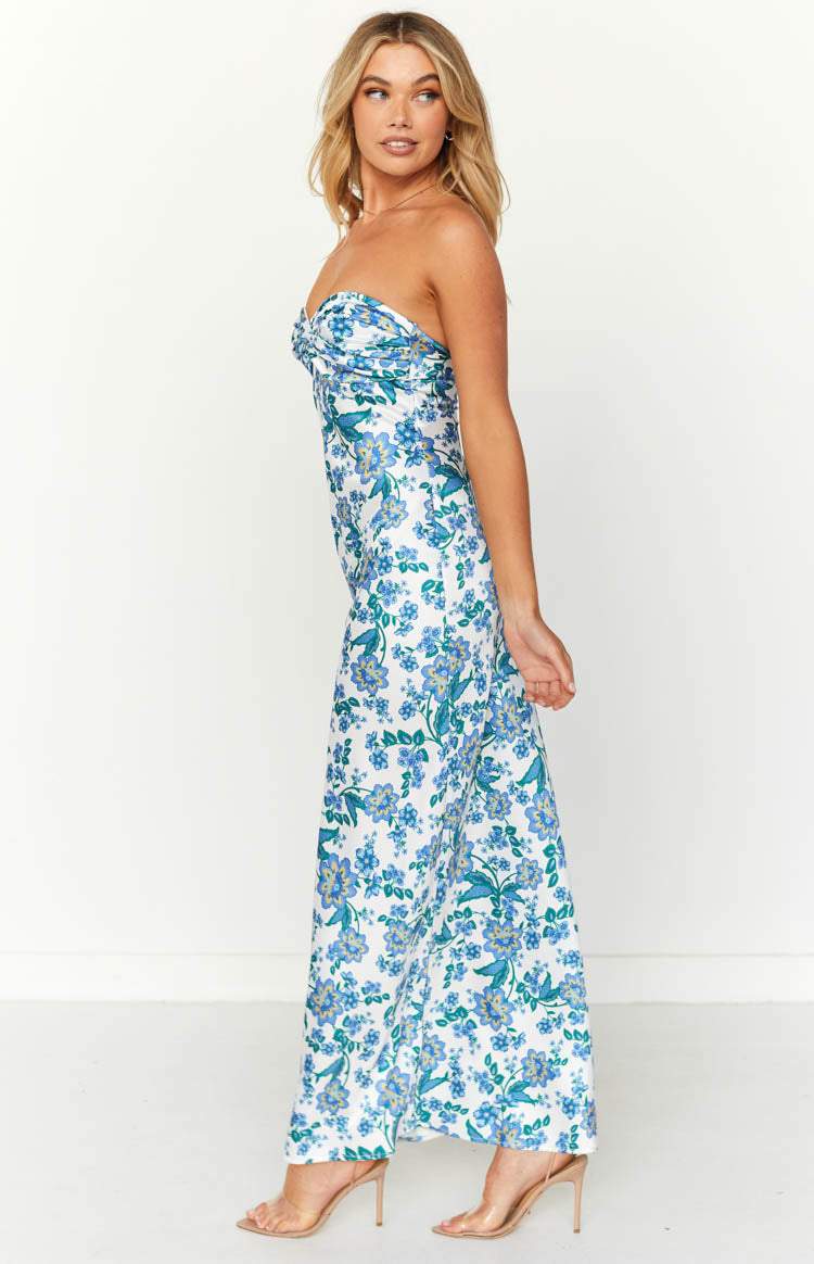 Maxi kokerjurk voor dames met blauwe bloemenprint, soepel stretch materiaal en elegante uitstraling.