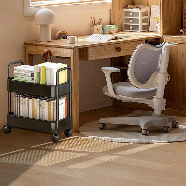 Ruimtebesparende mobiele boekenplank trolley met wielen; strak design, ideaal voor boeken en studiebenodigdheden.
