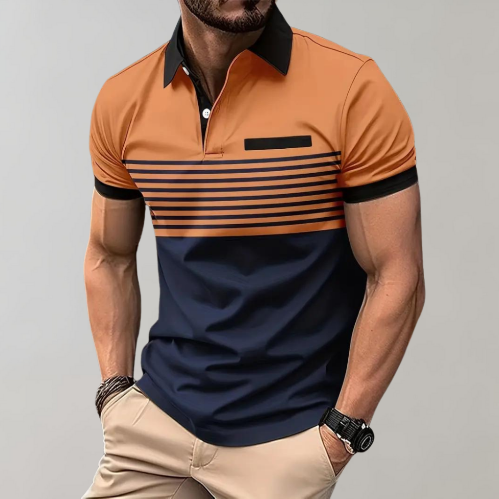 Detail van de kraag en knoopsluiting van een modern heren poloshirt.