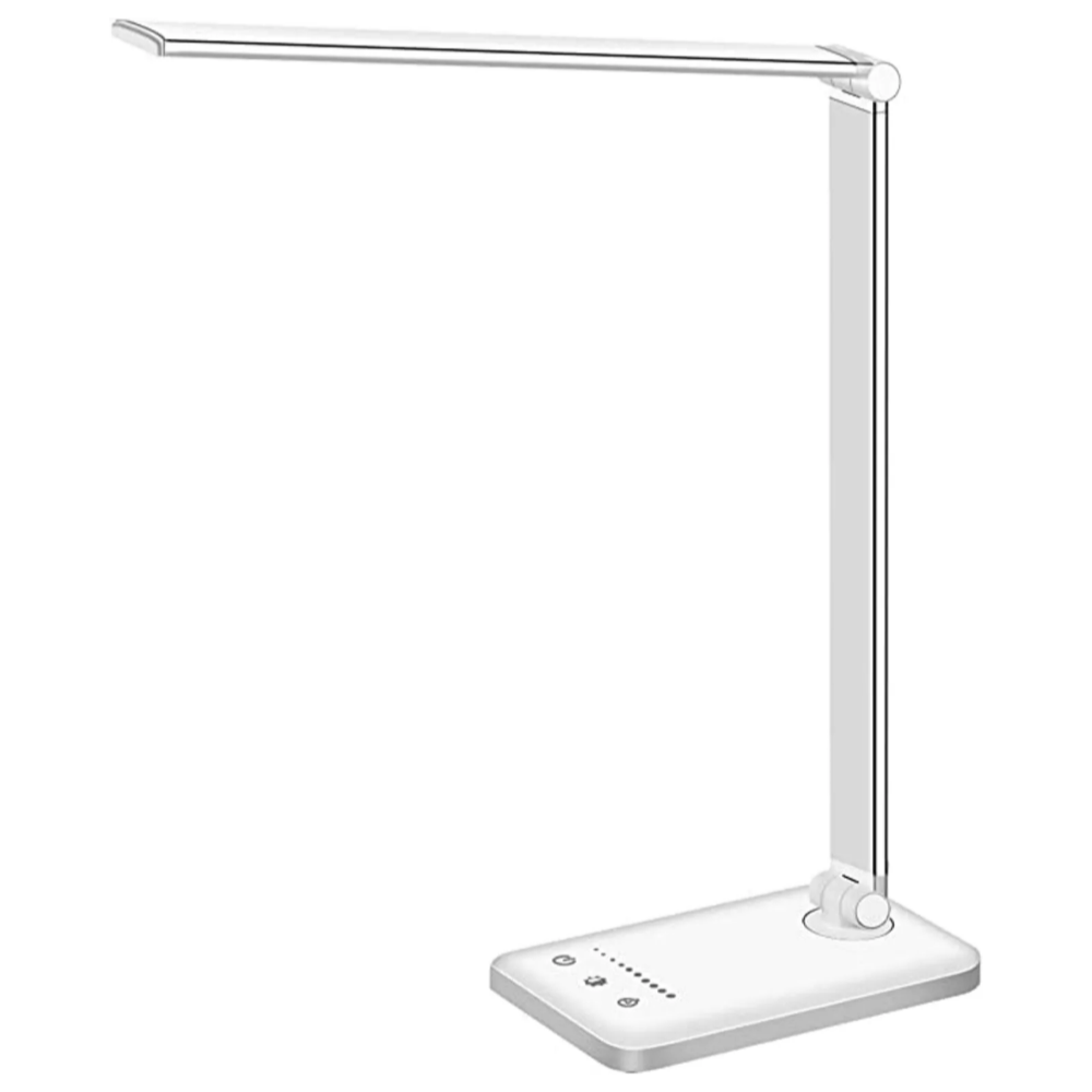 BrightEase LED kantoorlamp met handige USB oplaadpoort, dimbare verlichting en flexibele arm voor een opgeruimd bureau.