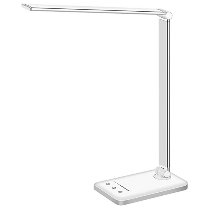 BrightEase LED kantoorlamp met handige USB oplaadpoort, dimbare verlichting en flexibele arm voor een opgeruimd bureau.