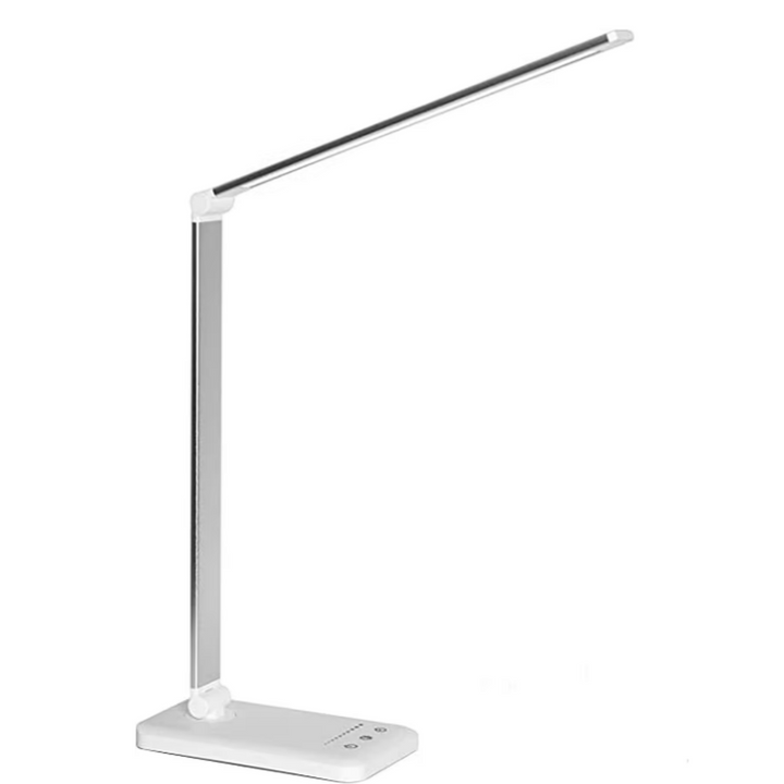 Dimbare LED bureaulamp met moderne look, flexibele arm en USB poort, ideaal als studeerlamp of werkplekverlichting.