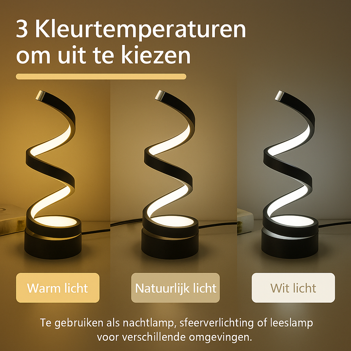 Decoratieve LED spiraal tafellamp, dimbaar voor perfecte sfeer op nachtkastje of bijzettafel.