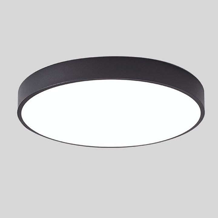 Zijaanzicht: Slanke Macaron plafondlamp, houten details en zachte LED interieurverlichting.