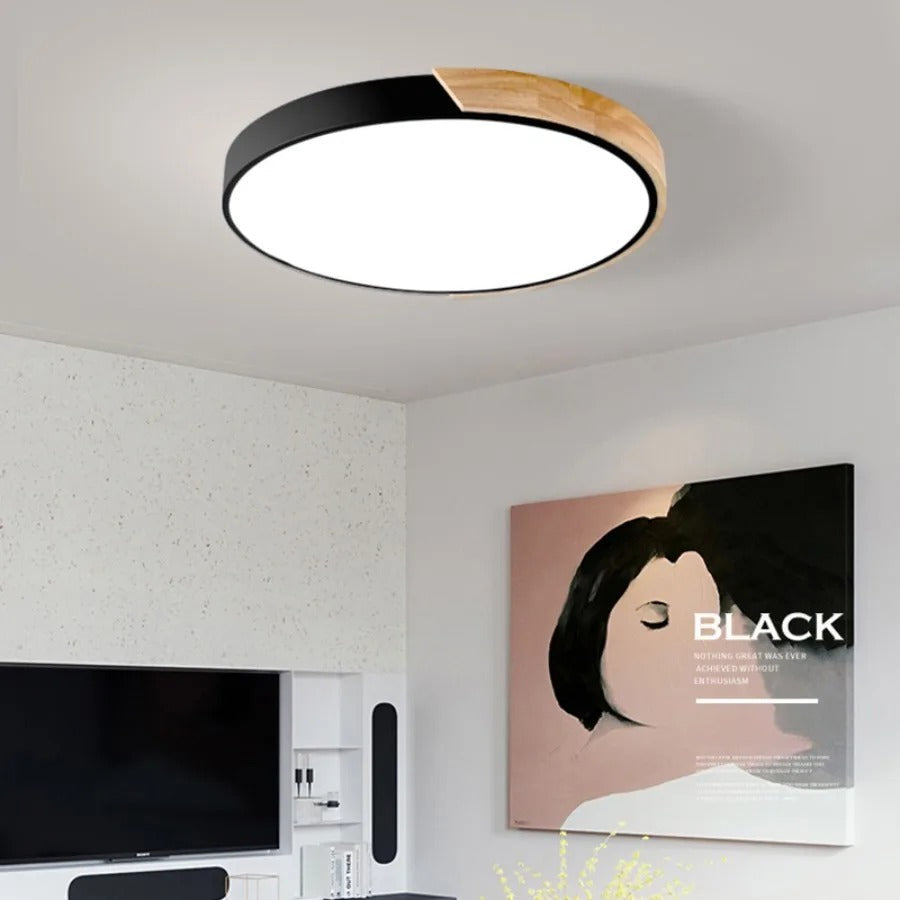 Scandinavische Macaron plafondlamp, modern design met hout, perfect voor sfeervolle LED verlichting.