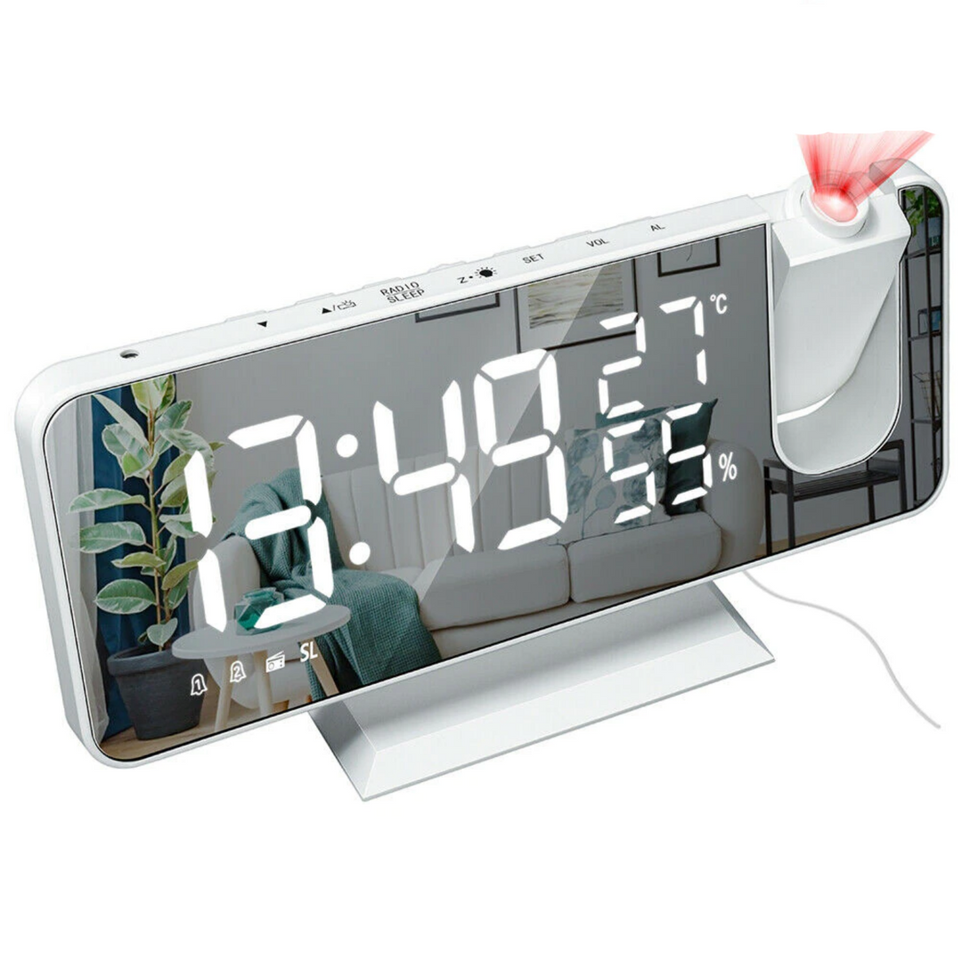 Stijlvolle alarmklok met FM-radio, groot LED-scherm, instelbare helderheid en strak modern design.