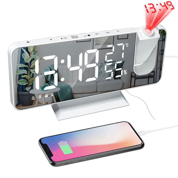 Heldere LED-display alarmklok met handige 180° tijdprojectie en ingebouwde USB-oplaadfunctie.