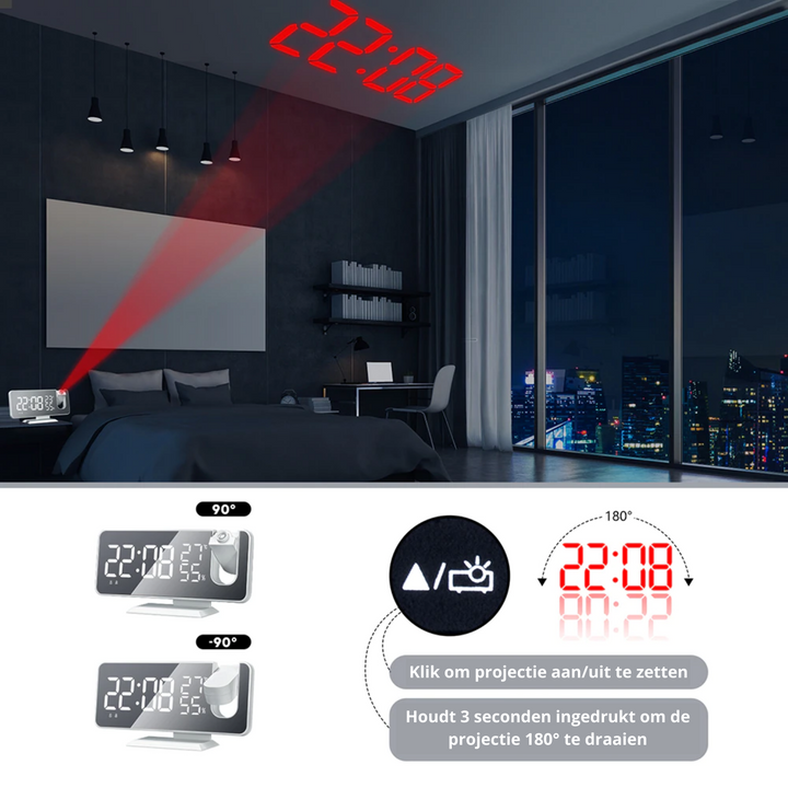 Multifunctionele alarmklok met 180° projectie van tijd, LED-display en laadmogelijkheid via USB.