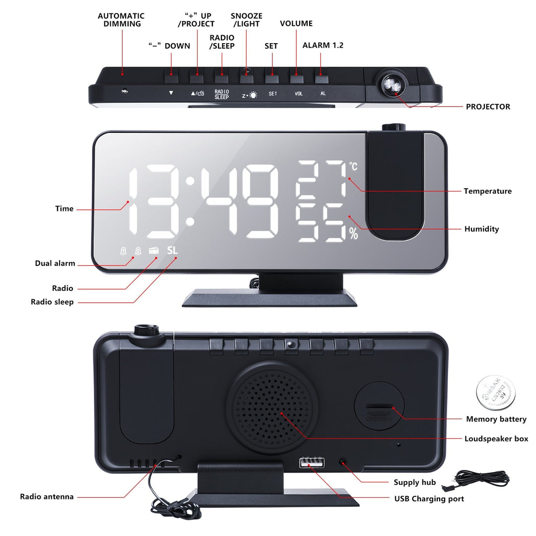 Slimme wekker met spiegelend LED-display, tijdprojectie, FM-radio en USB-poort voor opladen.