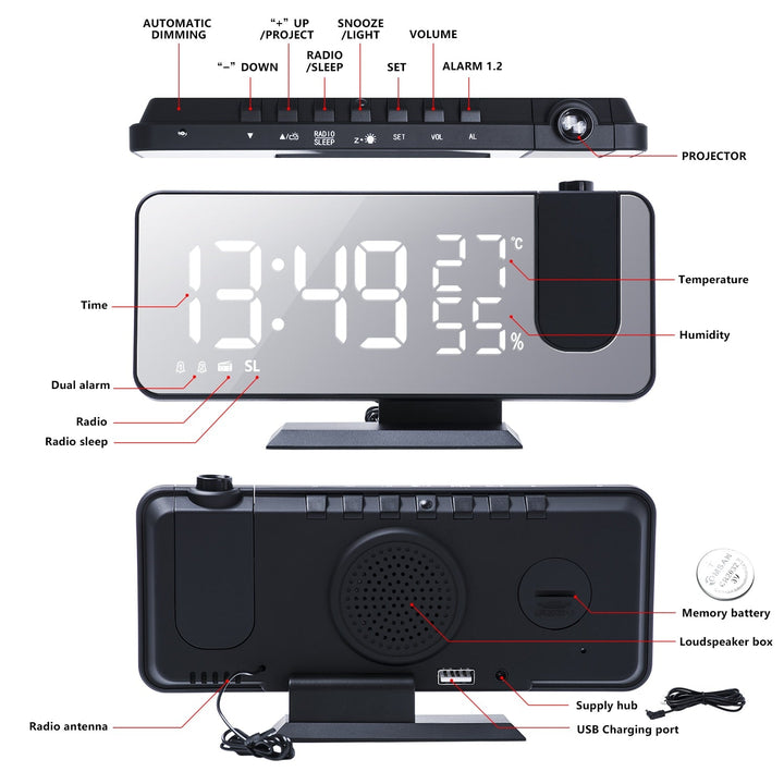 Slimme wekker met spiegelend LED-display, tijdprojectie, FM-radio en USB-poort voor opladen.