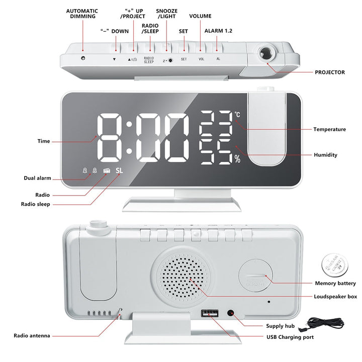 Moderne digitale alarmklok met groot LED-scherm, temperatuurweergave en projectie van de tijd.