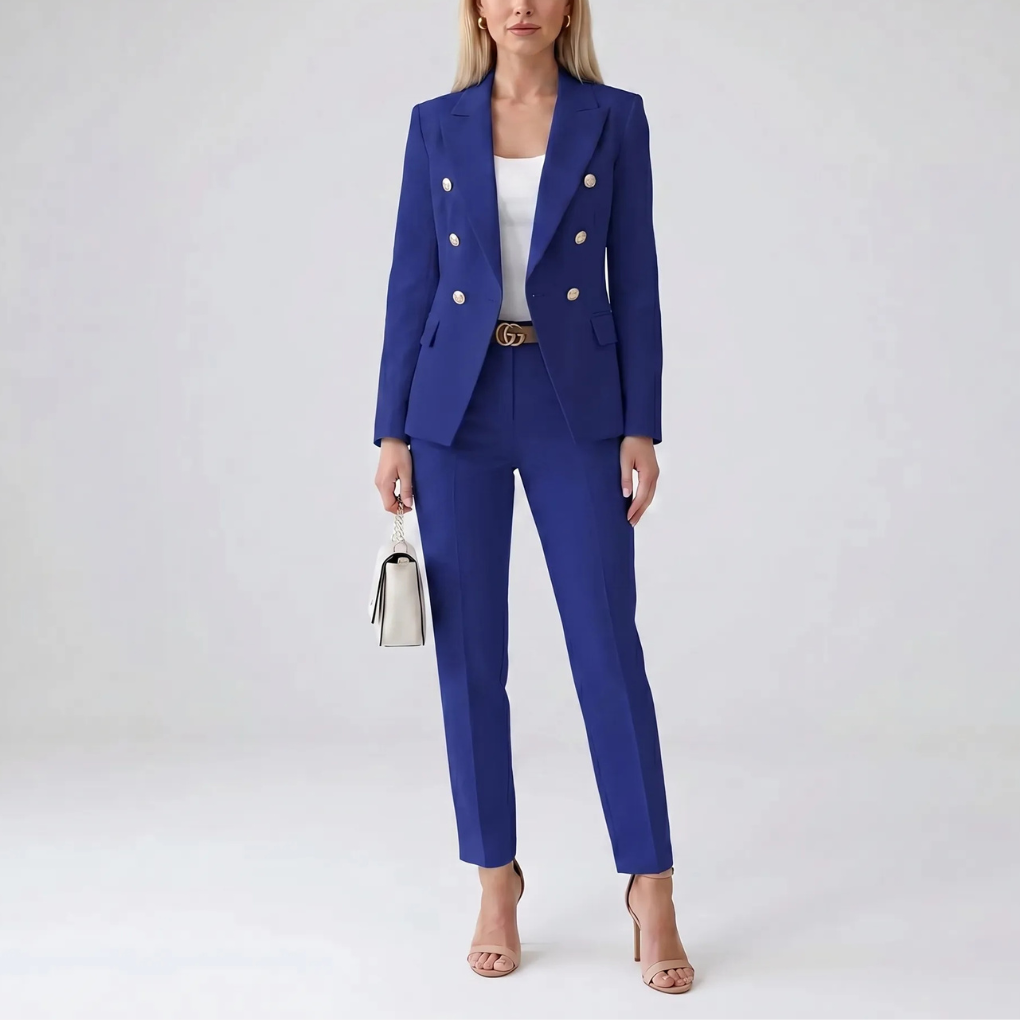 Tweedelig damespak set met jack en rechte broek. Beschikbaar in diverse kleuren, ideaal voor een zakelijke of stijlvolle look.