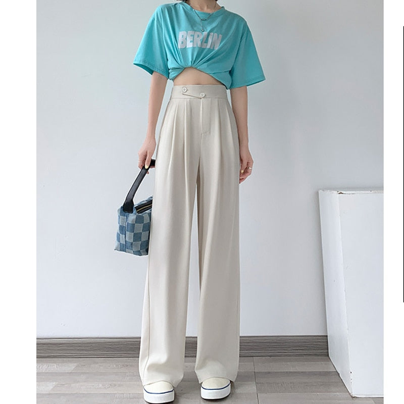 Elegante dames wijde pijpen pantalon met hoge taille, ideaal voor een stijlvolle kantooroutfit of zomerse gelegenheid.