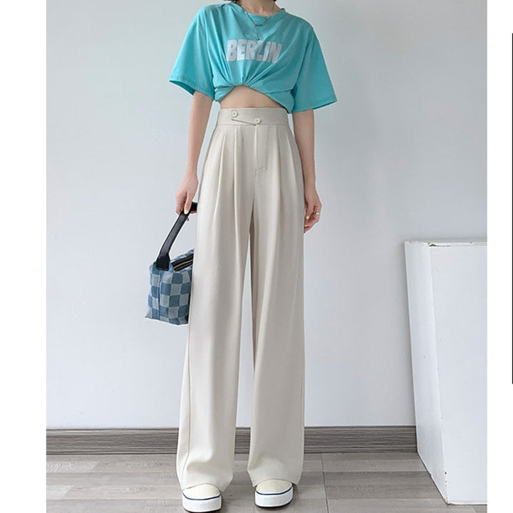 Elegante dames wijde pijpen pantalon met hoge taille, ideaal voor een stijlvolle kantooroutfit of zomerse gelegenheid.