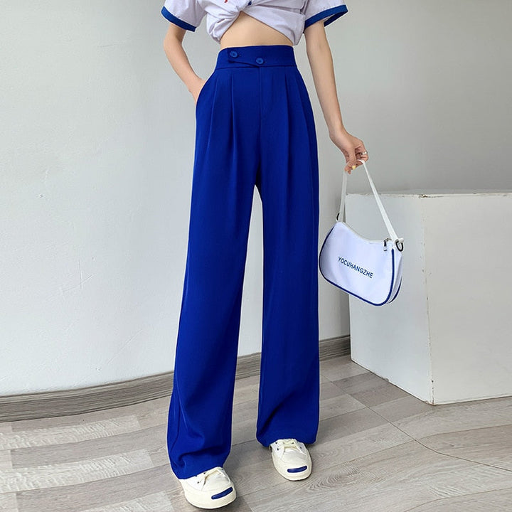 Dames pantalon met flatterende hoge taille en wijde pijpen, biedt optimaal comfort voor elke gelegenheid.
