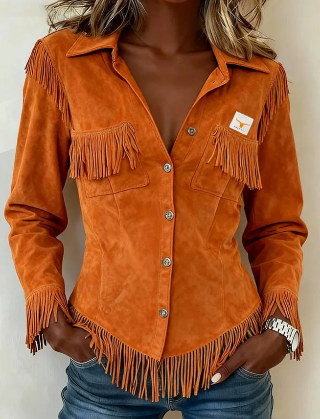 Modieuze damesblouse in westernstijl met lange mouwen en elegante franjes, perfect voor een casual chic look.