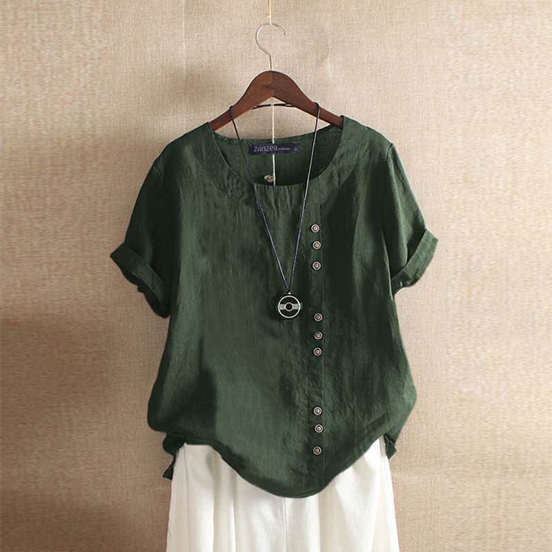 Modieuze damesblouse met korte mouwen, asymmetrische knoopsluiting en comfortabele ronde hals, perfect voor de zomer.