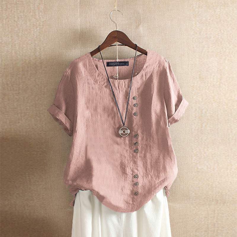 Comfortabele en elegante dames top met korte mouwen, asymmetrische knoop en ronde hals. Geschikt voor casual en zakelijk.