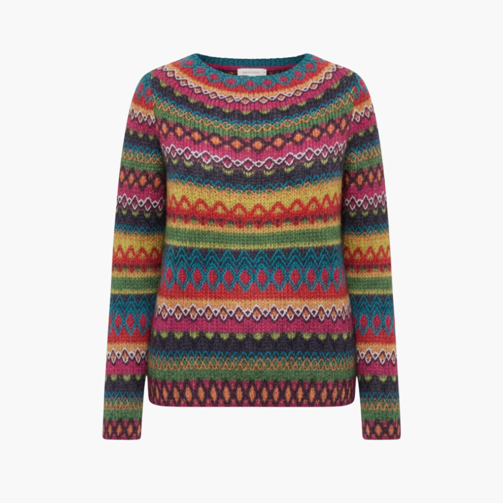 Modieuze veelkleurige gestreepte dames gebreide trui met ronde hals en lange mouwen, ideaal voor herfst/winter.