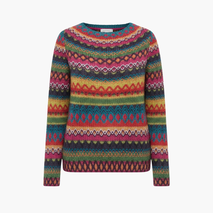 Modieuze veelkleurige gestreepte dames gebreide trui met ronde hals en lange mouwen, ideaal voor herfst/winter.