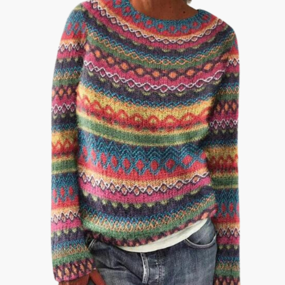 Comfortabele veelkleurige gestreepte dames pullover met ronde hals. Perfect voor casual winter- en herfstmode.