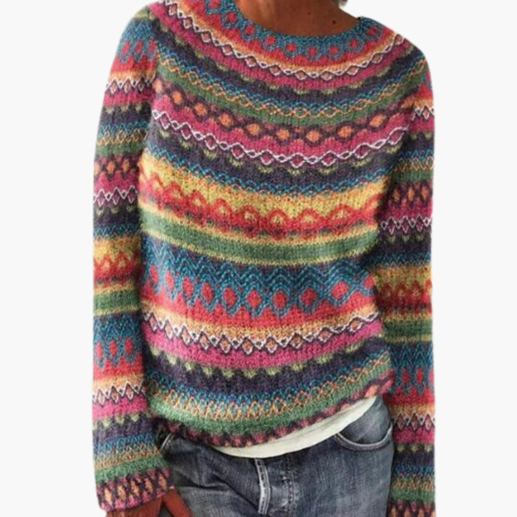 Comfortabele veelkleurige gestreepte dames pullover met ronde hals. Perfect voor casual winter- en herfstmode.